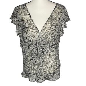 Apt 9 Sheer Blouse Top Black Gray White Paisley Print V Neck Flutter Sleeve